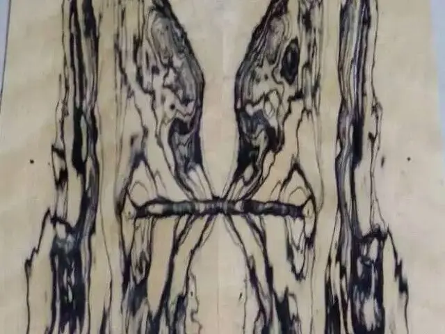 Customized veneer sheet with abstract symmetrical black ink-like pattern