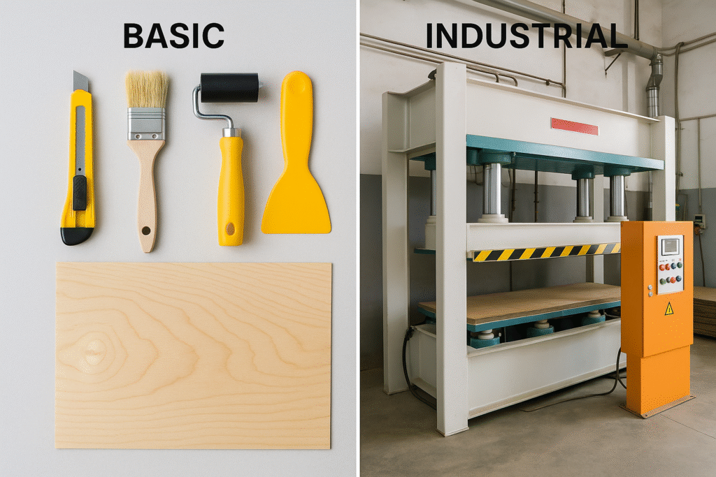 How to Choose the Right Veneer for Your Home Decor Project-The Complete Guide 6 Contrasting images showing basic veneer application tools suitable for beginners versus industrial equipment needed for complex professional work.