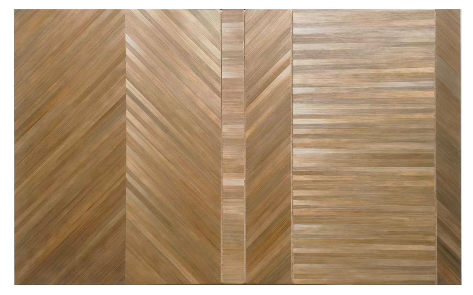 Straw marquetry veneer matched with oak walnut teak and metal in interior furniture design